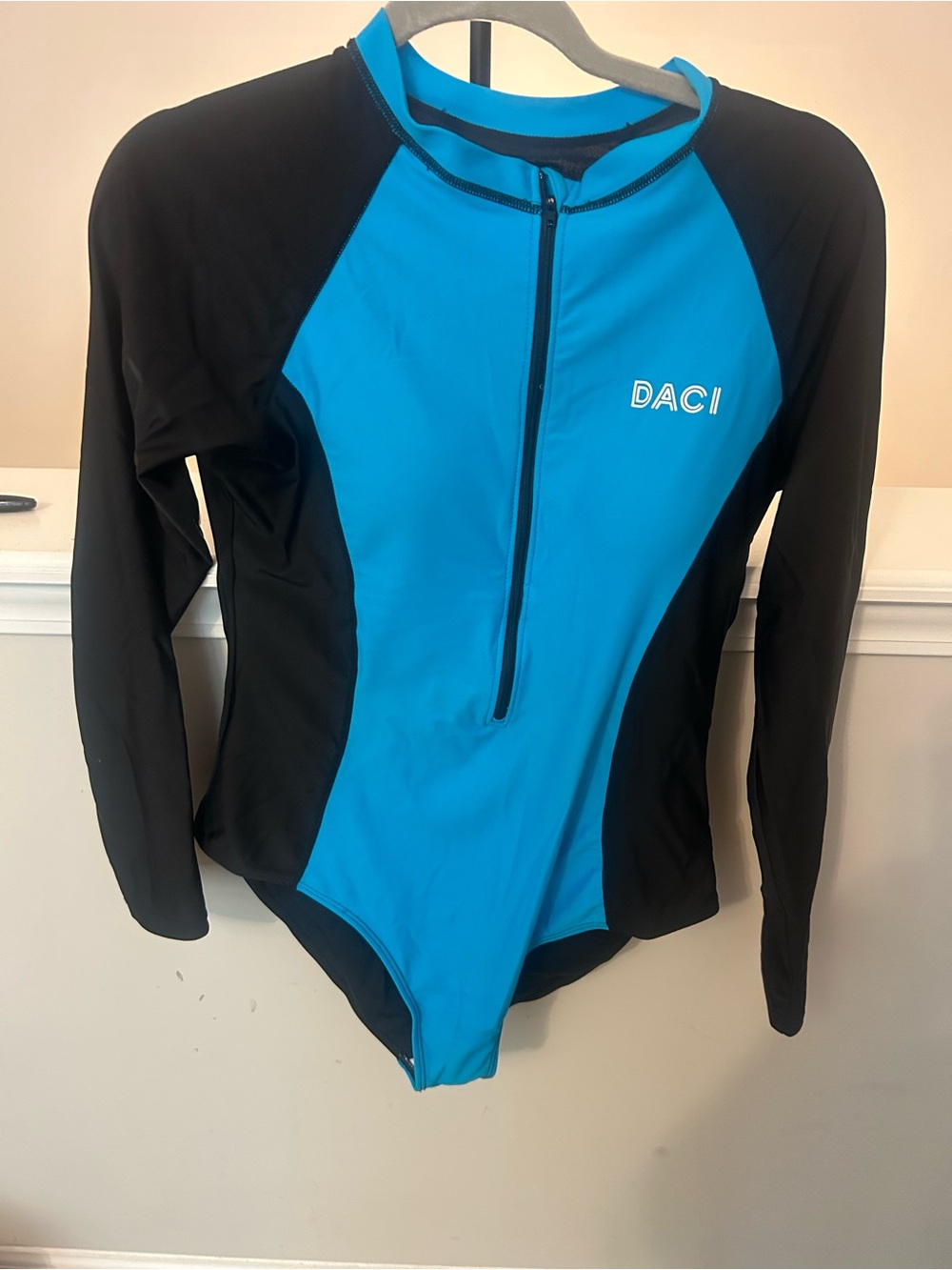 DACI Women's Long Sleeve Blue & Black Zip-Front One-Piece Swimsuit